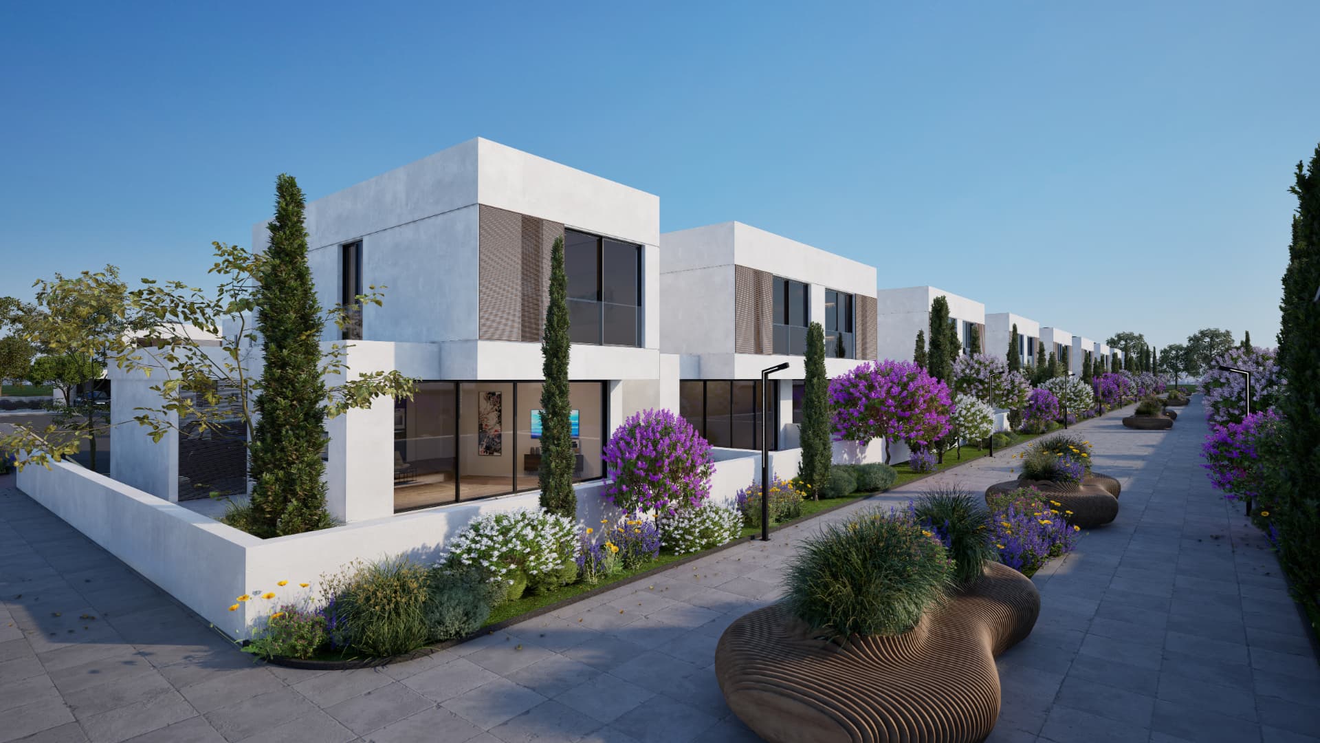 טור וילות לבנות מודרניות בשכונת Anys Homes